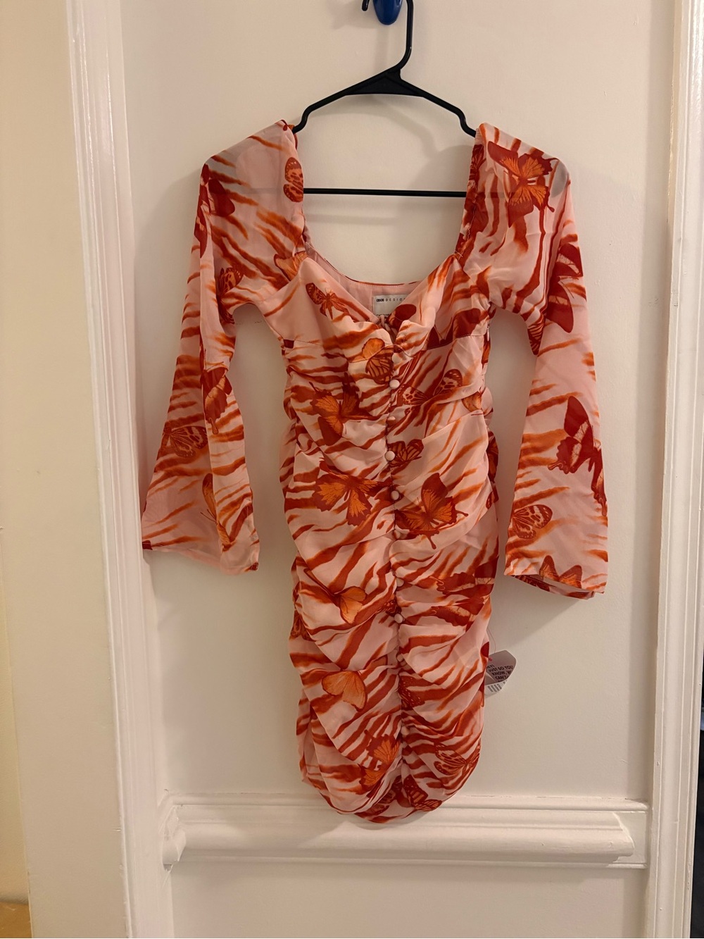 ASOS Petite Orange Floral Ruched Long Sleeve Mini Dress